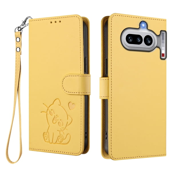Funda Billetera con Relieve de Gato para Nothing Phone 4A, Amarillo
