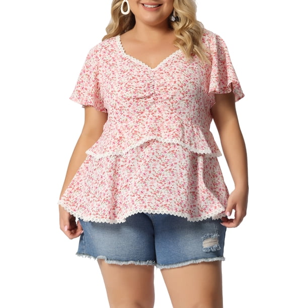 Agnes Orinda Blusas de Verano para Mujer de Talla Grande con Cuello de Corazón Floral, Encaje, Manga Corta con Volantes 1X Rosa