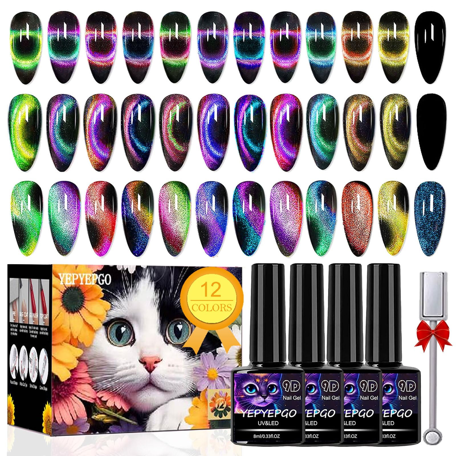 Set De Esmaltes De Uñas Yepyepgo 9d Cat Eye Gel 12 Colores Con Imán