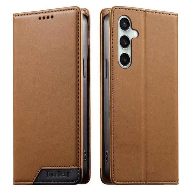 Funda Tipo Cartera de Cuero Sintético para Samsung Galaxy S24 FE Bloqueo RFID, con Ranuras para Tarjetas y Bolsillo para Efectivo, Cierre Magnético Fuerte Marrón