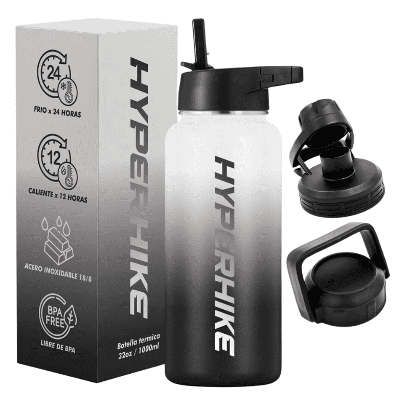 Termo Acero Inoxidable 1lt Hyperhike Botella Térmica 3 Tapas Blanco / Negro