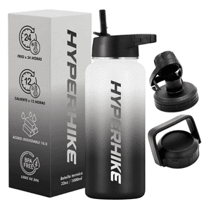 Termo Acero Inoxidable 1Lt Hyperhike Botella Térmica 3 Tapas Blanco / Negro