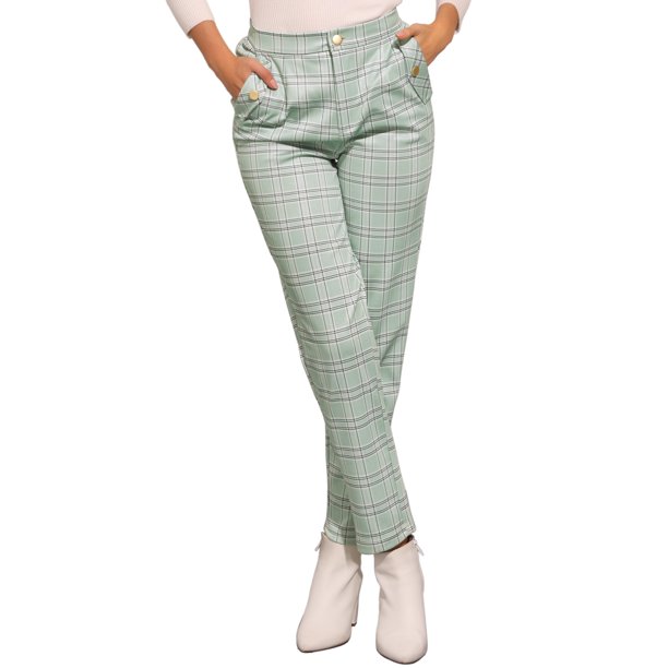 INSPIRE CHIC Pantalones de Tartán a Cuadros para Mujer de Regreso a Clases, Cintura Alta Elástica, Pantalones Largos Rectos, Talla L, Verde Claro