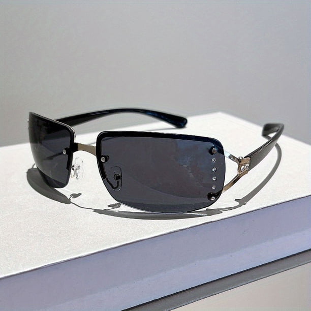 Y2K Rimless Sunglasses For Women Men Gradient Lens Glasses Futuristic Rhinestone Decor Eyewear For Driving Beach, UV 400
