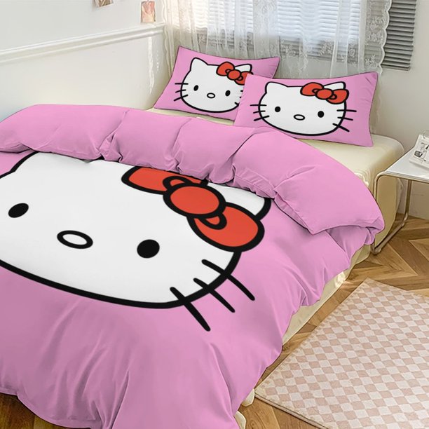 Hello Kitty Cat Comforter Set with Sheets - 3 Piece Bedding Includes Pillow Covers - Super Soft Bedding Room Decor Twin