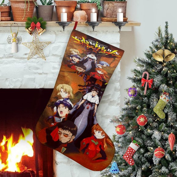 NEON GENESIS EVANGELION Tema: Calcetines de Navidad, fino lino blanco para colgar en escaleras y chimenea, decoración navideña para el hogar, regalo de Navidad. 54cm × 38cm