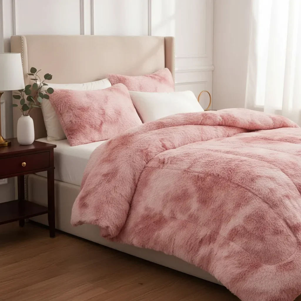 Casadeliacl - Plumon De Invierno Peludos Con Chiporro 2 Plazas Rosado Jaspeado Peludo