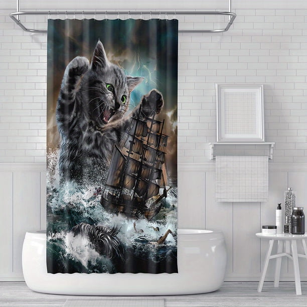 1pc Fun Cat Siren Sailboat Shower Curtain with Waterproof Fabric and 12 Hooks - Adds Style and Functionality to Your Bathroom Decor