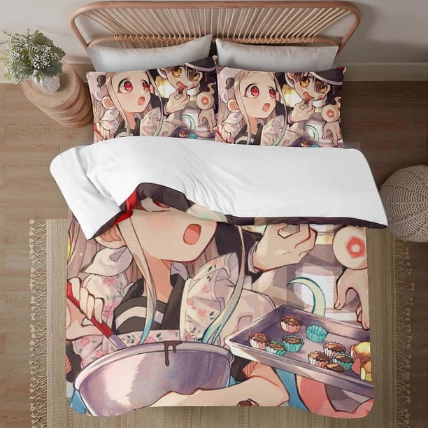 Juego de ropa de cama con funda nórdica estampada en 3D de Toilet-bound Hanako-kun, juego de 3 piezas que incluye fundas de almohada y funda.