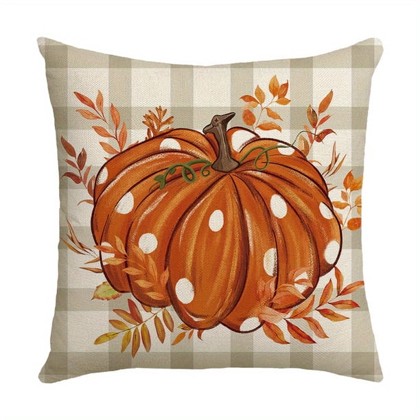 1pc, Fall Decorative Throw Pillowcase 17.7 X 17.7 Inch, Thanksgiving Pumpkin Spice Leaf Autumn Decoration Outdoor Farmhouse Plaid Pillowcase For Home Sofa