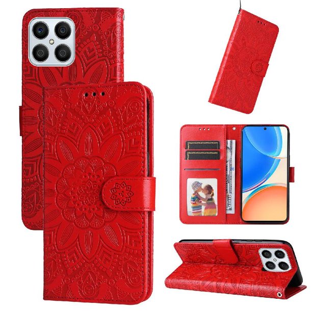 Funda tipo cartera FOXDOCK para Honor X8 5G , diseño girasol en relieve, cuero PU, cierre magnético, soporte y tarjetero
