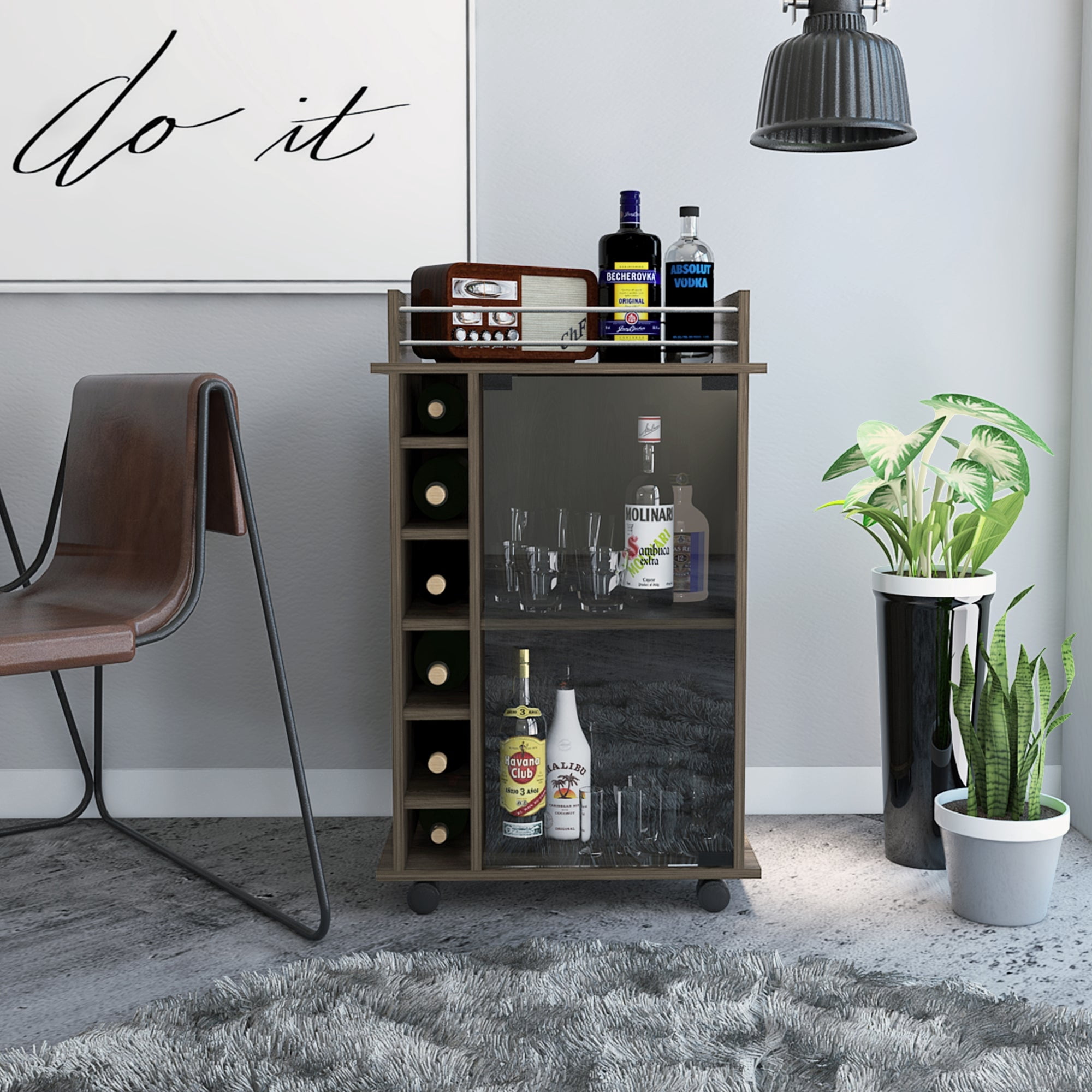 Tuhome - Mueble Bar Dukat Coñac 6 Botelleros 89x41x55 Cm Con Ruedas