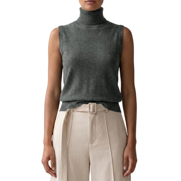INSPIRE CHIC Chaleco de Suéter para Mujer Cuello Alto Sin Mangas Suave Chic Sólido en Capas Dobladillo Acanalado Jersey de Punto Top de Tanque Pequeño Gris