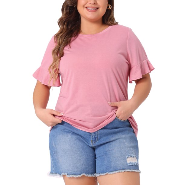 Agnes Orinda Camisetas de Mujer Tallas Grandes Cuello Redondo Volante Manga Corta Camisetas Casual Verano Blusa 3X Rosa