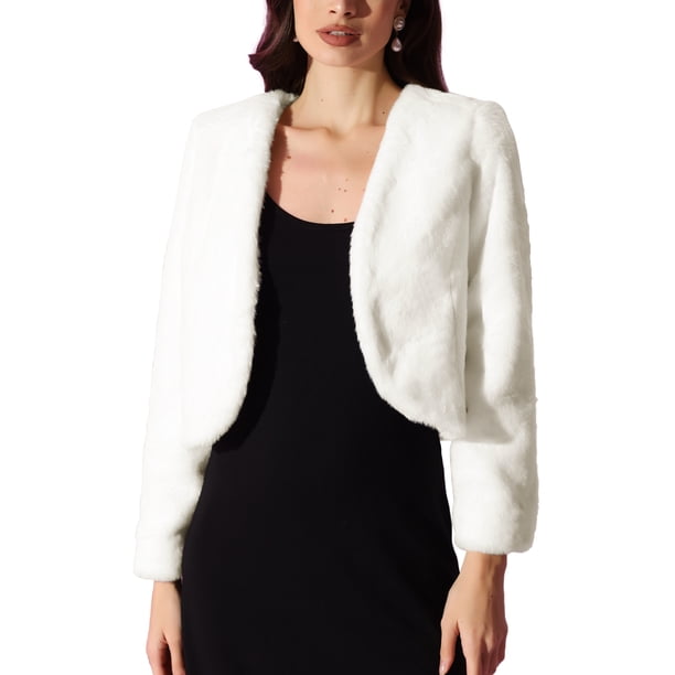 INSPIRE CHIC Chaqueta corta abierta de manga larga de piel sintética para mujer, blanca, XS
