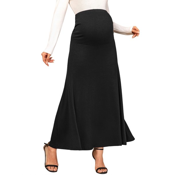 INSPIRE CHIC Falda Larga de Maternidad Estilo Sirena de Cintura Alta Sobre el Vientre Fruncida Acampanada de Punto Suave Talla 2XL Negra