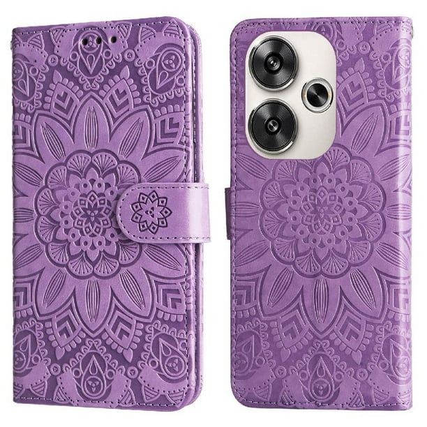 Funda tipo cartera FOXDOCK para Xiaomi Poco F6 , diseño girasol en relieve, cuero PU, cierre magnético, soporte y tarjetero
