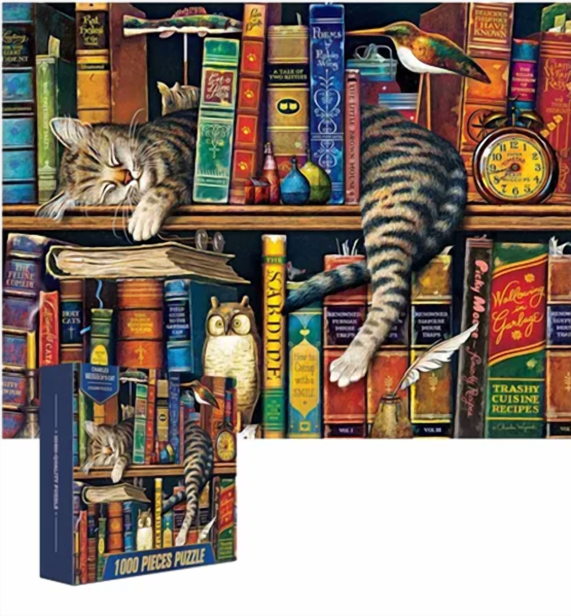 Genérico - Rompecabezas 70X50Cm Gato Y Libros, Multicolor