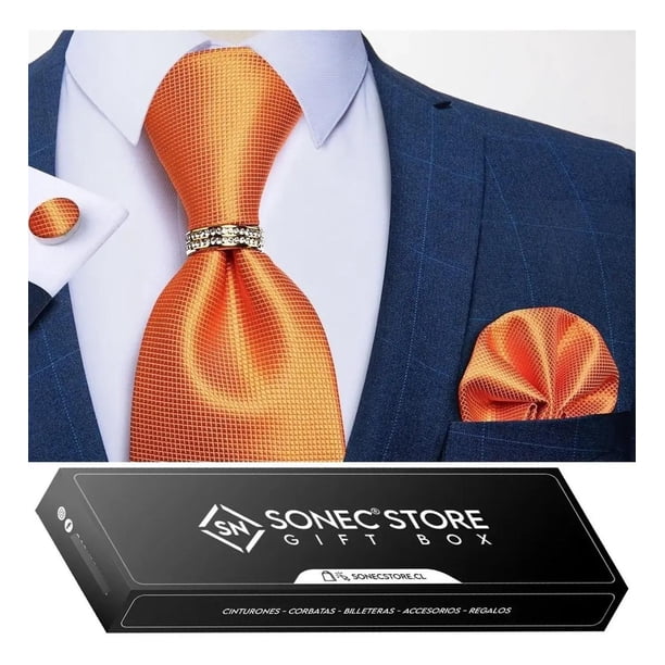 Corbata Hombre Seda En Caja + Anillo Dorado, Paño Y Colleras naranja Talla Única