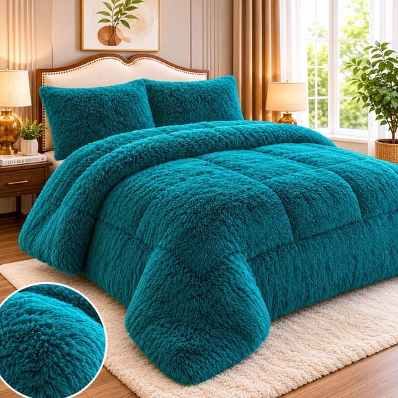 Cubrecama de Invierno Peludo con Chiporro 2 Plazas Color Turquesa