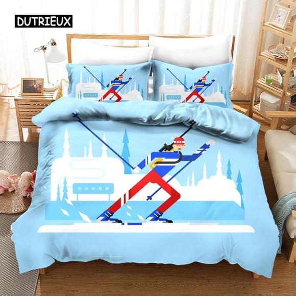 x983 Bed SheetsSki Duvet Cover Microfiber Extreme Sports Theme Twin Bedding Set Winter Sport Ski Snow Mountain Landscape Quilt Cover 3-Piece Bedding Set (1 Duvet Cover + 2 Pillow Shams) nj983