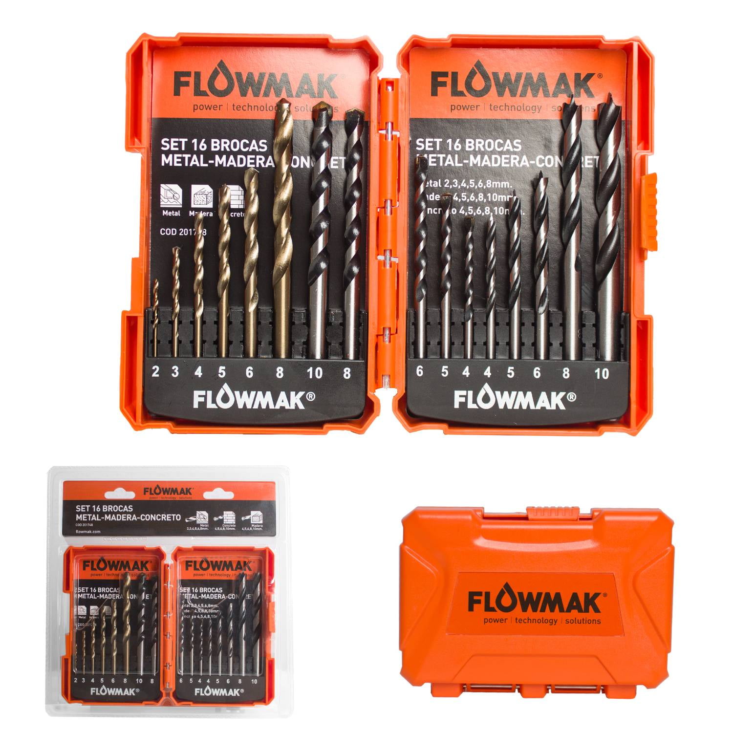 Flowmak - Set De Brocas Madera Metal Concreto 16 Piezas