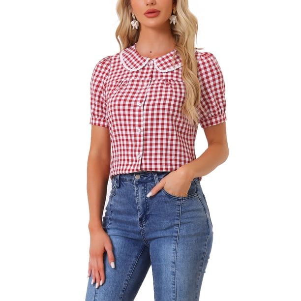 INSPIRE CHIC Blusa de Contraste con Cuello Peter Pan para Mujer, Regreso a Clases, Manga Corta Abullonada, Camisa de Cuadros, Talla XS, Rojo