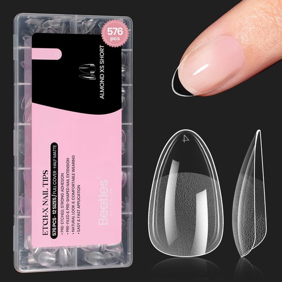 Gel Nail Tips Beetles, 576 unidades, extra cortas, con forma de almendra, uñas postizas