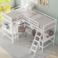 M&Ms - Wood Twin Size L-Shaped Loft Bed With Ladder And 2 Built-In L-Shaped Desks, White