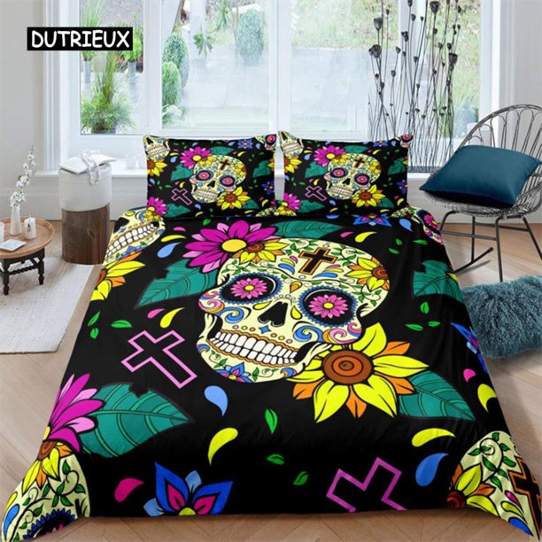 x1287 Bed SheetsSugar Skull Duvet Cover Luxury Gothic Skeleton Bedding Set Halloween Theme Floral Comforter Cover Twin Full For Girls Kids Teens 3-Piece Bedding Set (1 Duvet Cover + 2 Pillow Shams) nj