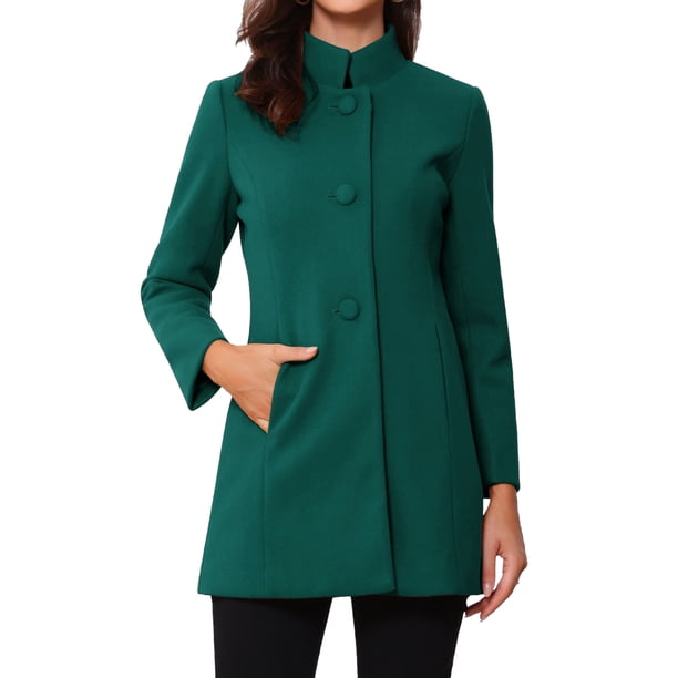 Abrigo de invierno de longitud media con cuello alto para mujer INSPIRE CHIC, con botones sencillos, bolsillos inclinados y forro completo, verde hoja de pino XL