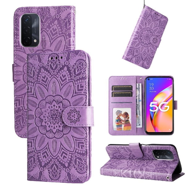 Funda tipo cartera FOXDOCK para OnePlus Nord N200 , diseño girasol en relieve, cuero PU, cierre magnético, soporte y tarjetero