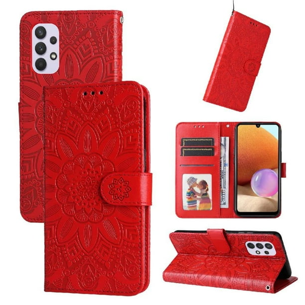 Funda tipo cartera FOXDOCK para Samsung Galaxy A32 4G , diseño girasol en relieve, cuero PU, cierre magnético, soporte y tarjetero