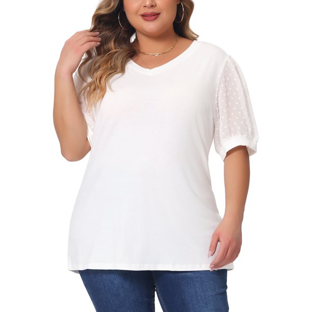 Agnes Orinda Blusas Casuales de Mujer Talla Grande Cuello en V con Mangas Abullonadas y Lunares Suizos 4X Blanco