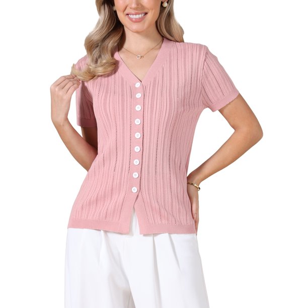 INSPIRE CHIC Blusas de Ojal para Mujer de Verano Cuello en V Manga Corta Tejido Camisas Abotonadas S Rosa