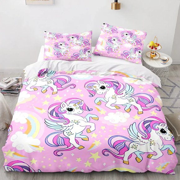 x842 Bed SheetsNew cartoon rainbow pony cute girl style quilt cover digital printing quilt cover pink soft home textile polyester set 3-Piece Bedding Set (1 Duvet Cover + 2 Pillow Shams) nj842