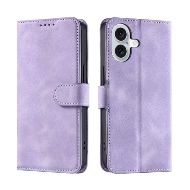 Funda Cartera para iPhone 16 Tapa con Ranuras, Soporte y Correa Morado