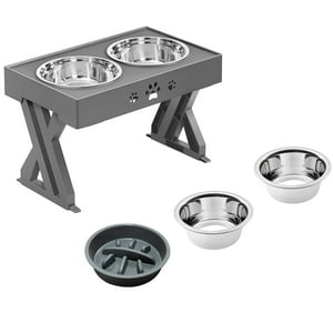 Lernen - Comedero Y Bebedero Para Perros Altura Ajustable Gris- Plato Acero Y De Dificultad