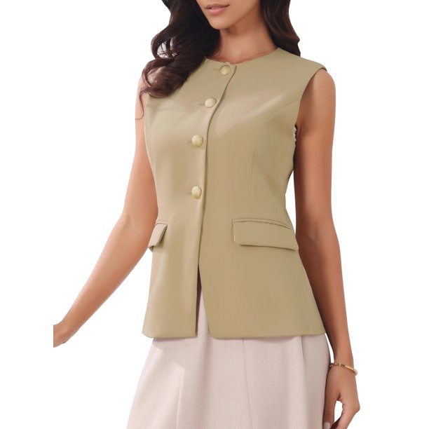 INSPIRE CHIC Chaleco de Traje para Mujer Tops de Trabajo sin Mangas con Botones Blazer Chaleco L Caqui