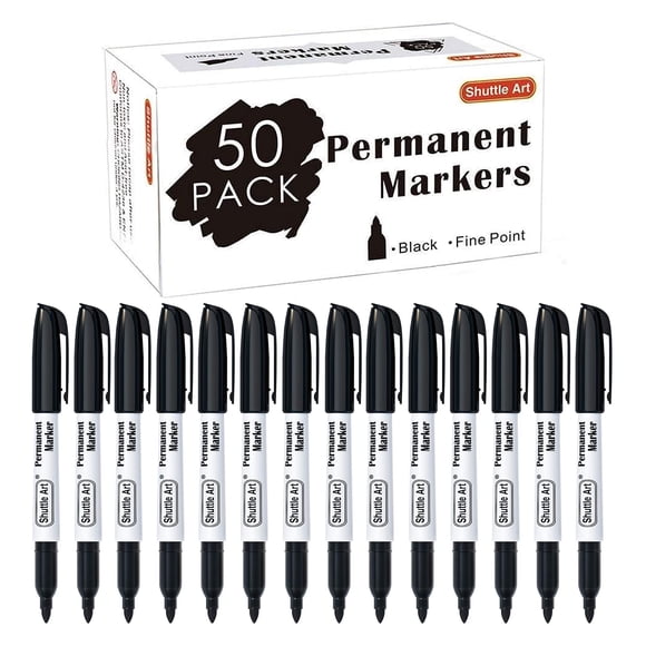 Shuttle Art Marcadores Permanentes, Pack de 50 Marcadores Negros de Punta Fina, Compatibles con Plástico, Madera, Piedra, Metal y Vidrio para Dibujar y Marcar