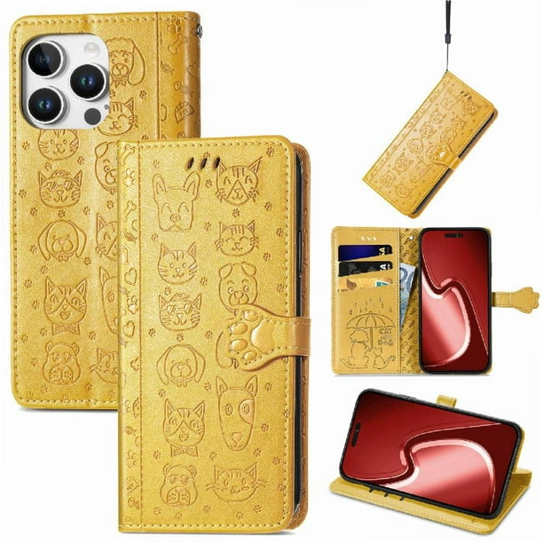 Funda Cartera FOXDOCK para iPhone 16 Pro Max , Flip PU con Relieve de Gatos y Perros, Tarjetero y Soporte