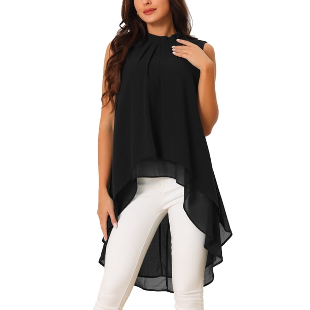 INSPIRE CHIC Blusas de Mujer de Gasa Cuello Simulado Sin Mangas Lazo en la Espalda Dobladillo Alto Bajo Camisa de Verano Negra XL
