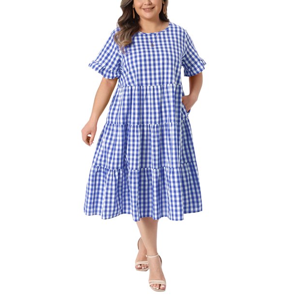 Vestidos de Pascua de cuadros para mujer de talla grande de Agnes Orinda, cuello redondo, manga corta acampanada, vestido maxi casual de verano en línea A con bolsillos, 2X azul oscuro