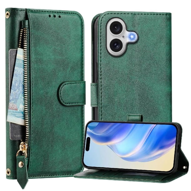 Funda Billetera Cremallera para iPhone 17 con Porta Tarjetas, Soporte y Correa Verde