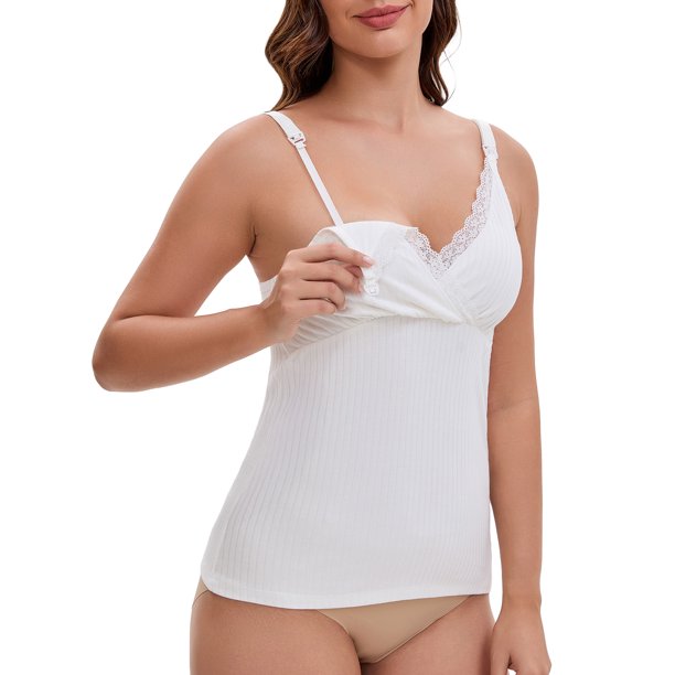 INSPIRE CHIC Camiseta de lactancia materna con tirantes ajustables, encaje cruzado, acolchada para amamantar, talla L, color blanco