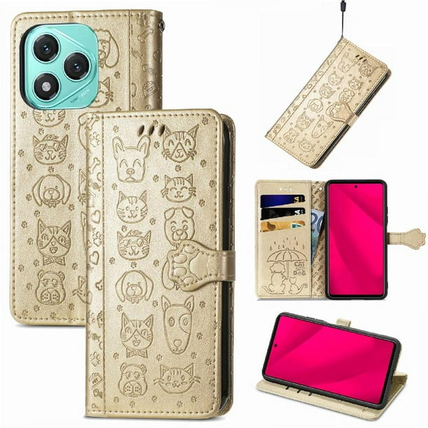 Funda Cartera FOXDOCK para Honor 400 Lite , Flip PU con Relieve de Gatos y Perros, Tarjetero y Soporte