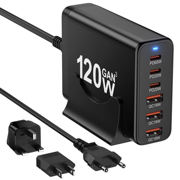 SGQGS Estación de carga USB‑C GaN de 120 W con 6 puertos – 110‑240 V – Adaptadores EU, UK y US