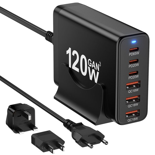 SGQGS Estación de carga USB‑C GaN de 120 W con 6 puertos – 110‑240 V – Adaptadores EU, UK y US