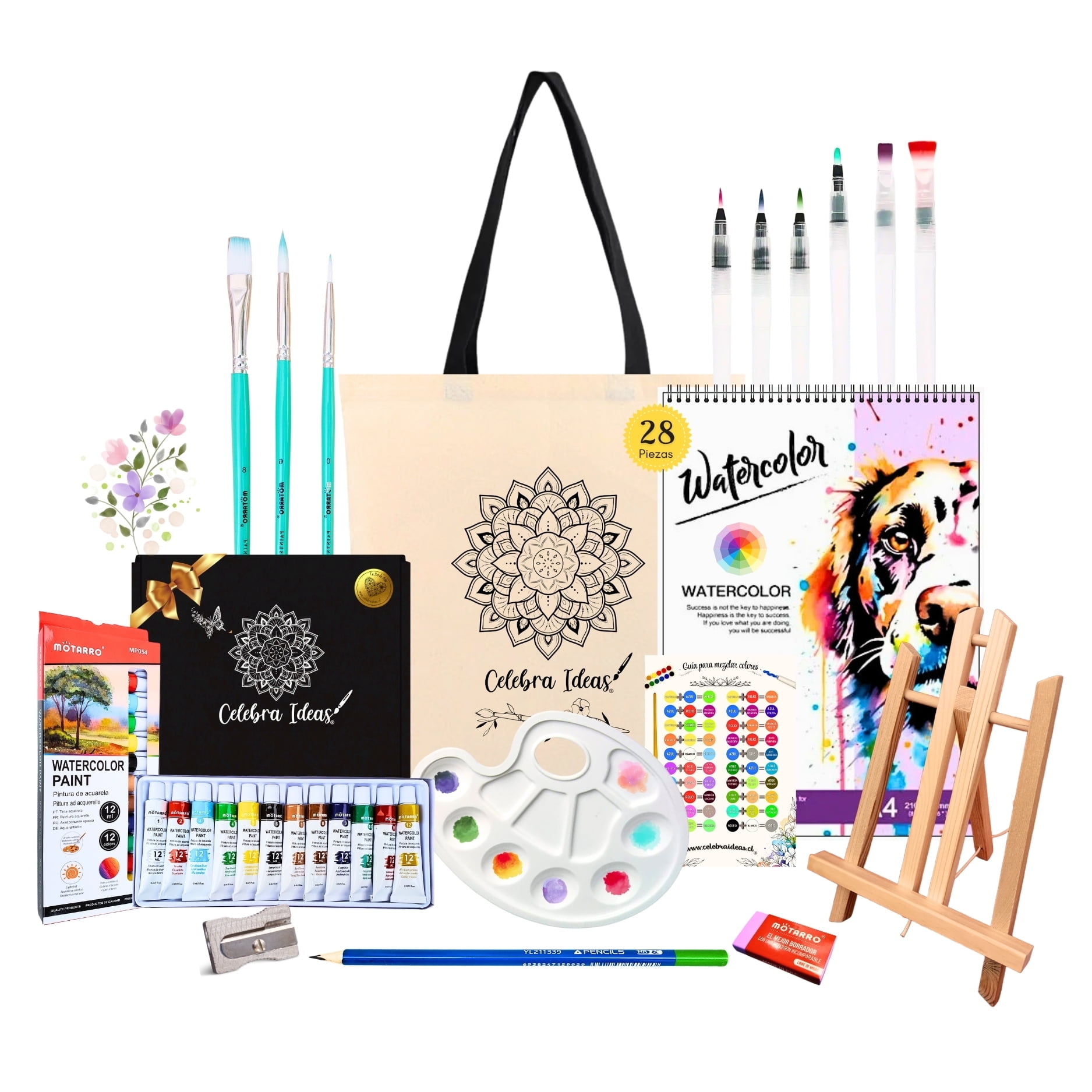 Celebra Ideas - Set De Arte Pinturas Acuarelas Kit De Arte 28 Pcs