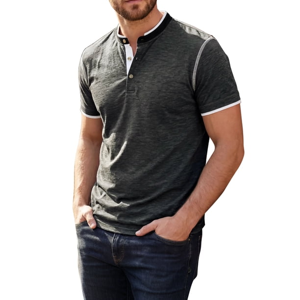INSPIRE CHIC Camisetas Henley de Hombre de Manga Corta Casual con Ribete en Contraste Tallas S Negro